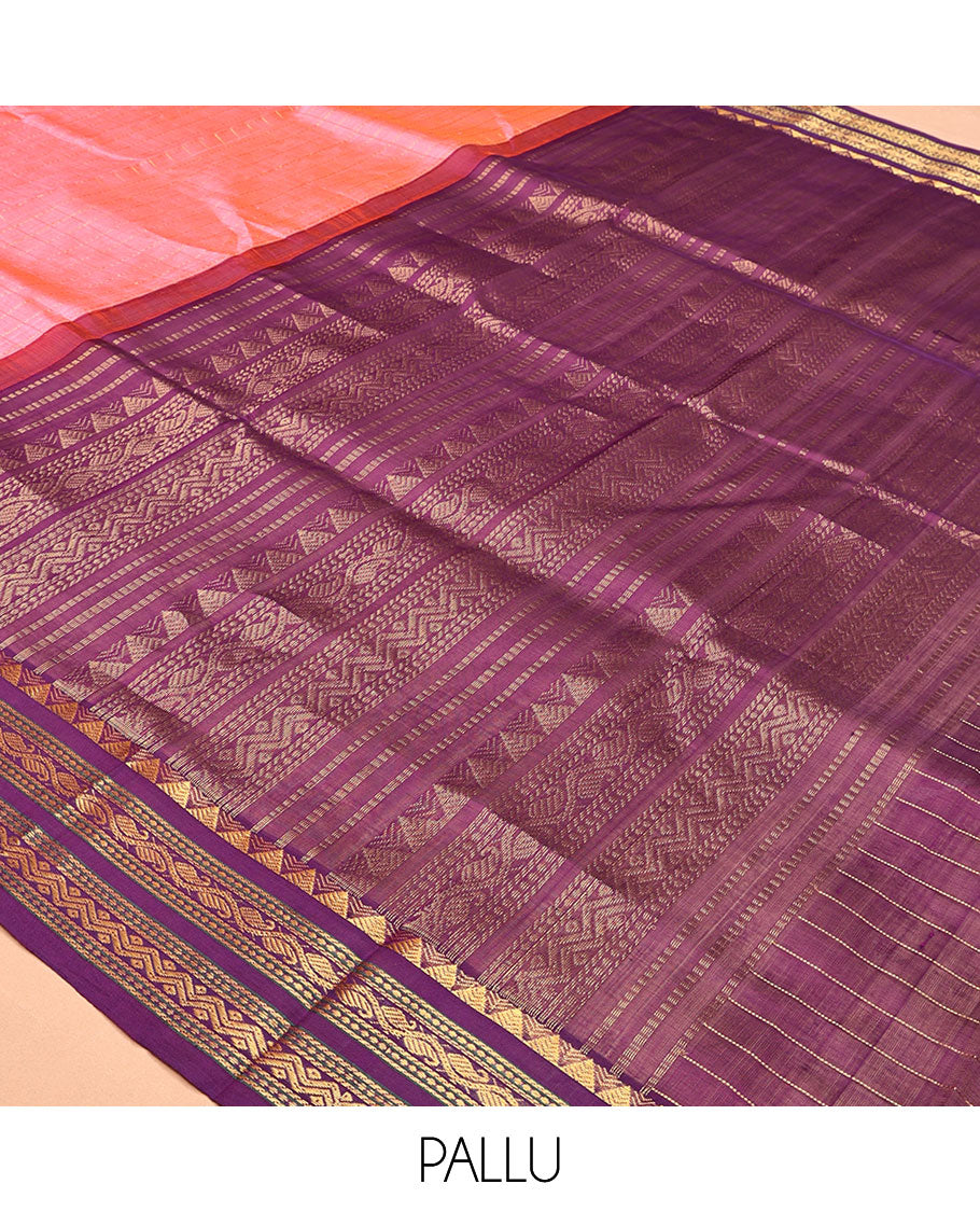 Peach Checks Design Kuppadam Silk Saree