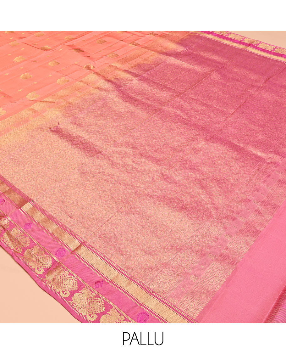 Pink Vasundhara Lite Silk Mix Saree, Embellished with Mayil Buttas, a Contrast Border of Mayil Kann and Annam Designs, Grand Pallu, and a Contrast Blouse
