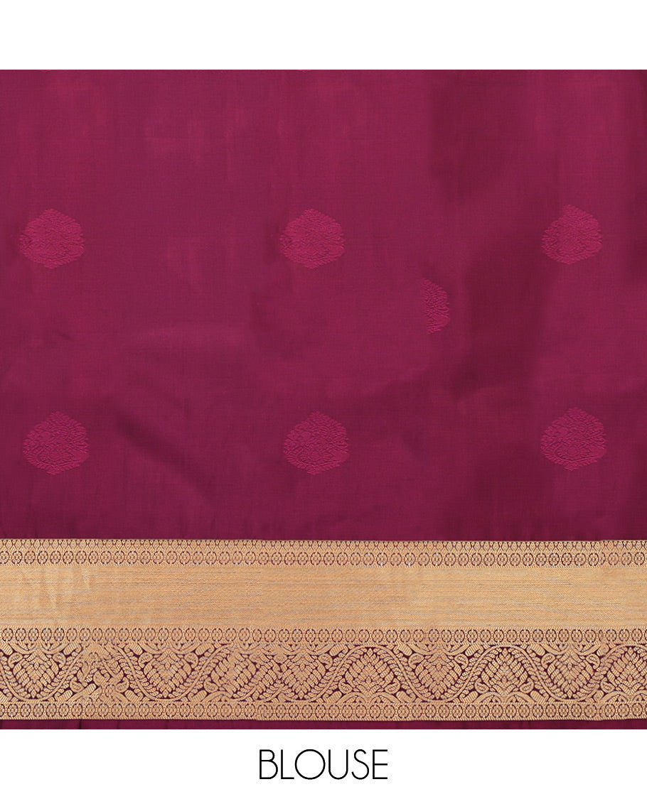 Wine Budget Silk Saree, Bedecked with Zari Buttas, Highlighted by a Traditional Zari Border, Jaal Pallu, and Matching Blouse