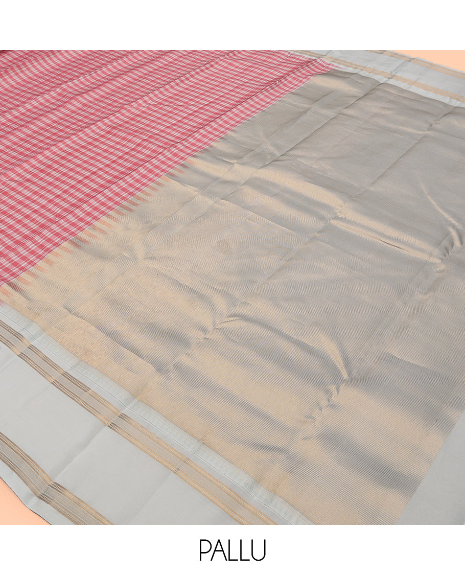 Red-White Checked Vasundhara Lite Silk Mix Saree, a Contrast Rettai Pettu Traditional Zari Border, Zari Striped Pallu, and a Contrast Blouse