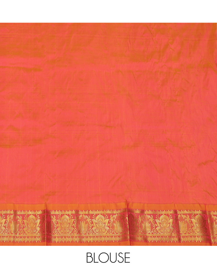 Pink Pure Silk Half-Saree, Decked Up with Zari Designs on Its Body, Complemented by a Contrast Floral Zari Design Border, Complemented by a Contrast Blouse, and Paired with a Contrast Dhavani of Floral Designs