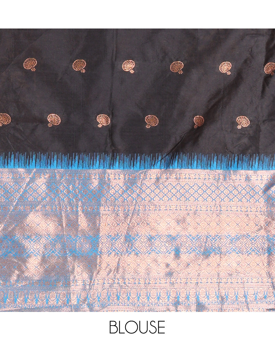 Black-Firozi Blue Semi-Silk Half-Saree Features Zari Buttas Skirt, Contrast Traditional Zari Border, a Matching Blouse, a Contrast Blouse