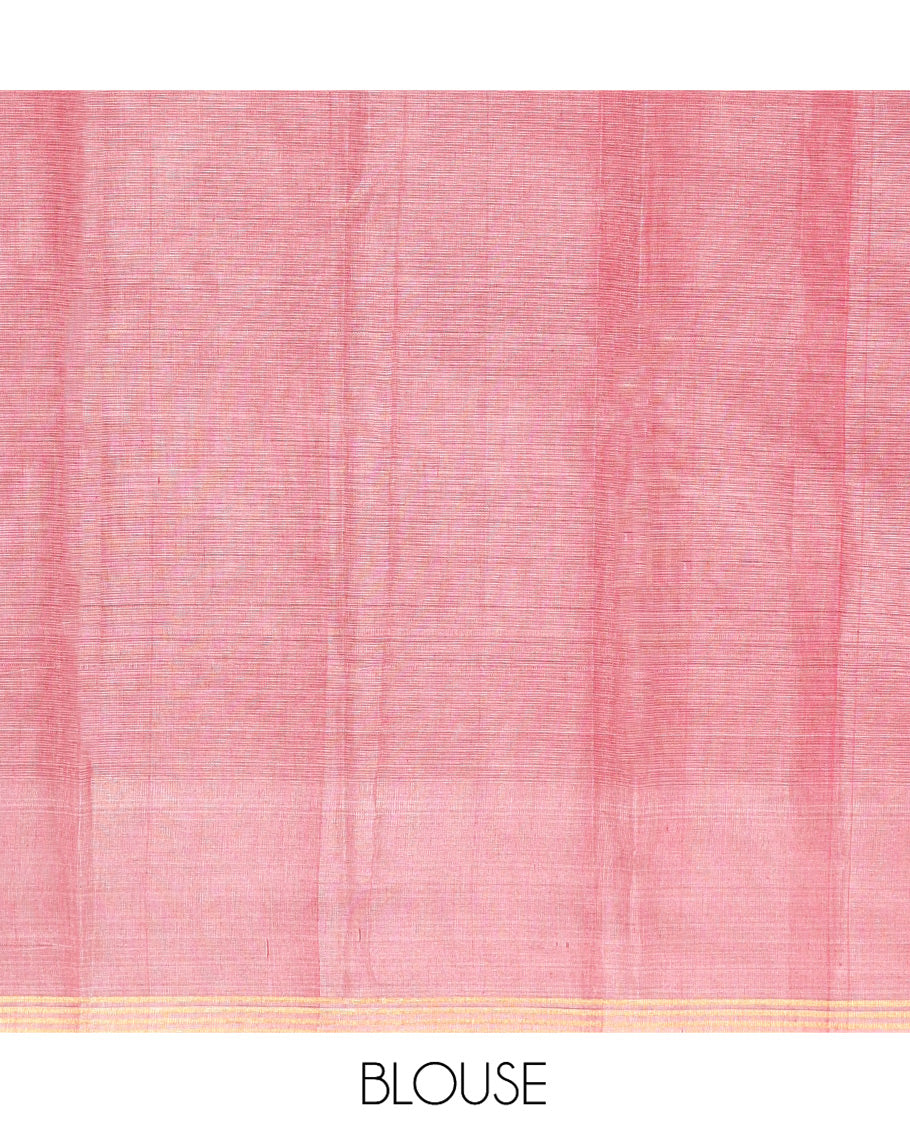 Red Silk Cotton Saree Featuring Zari Buttas, a Contrast Zari Buttas Border, Geometric Patterned Pallu, and a Contrast Blouse