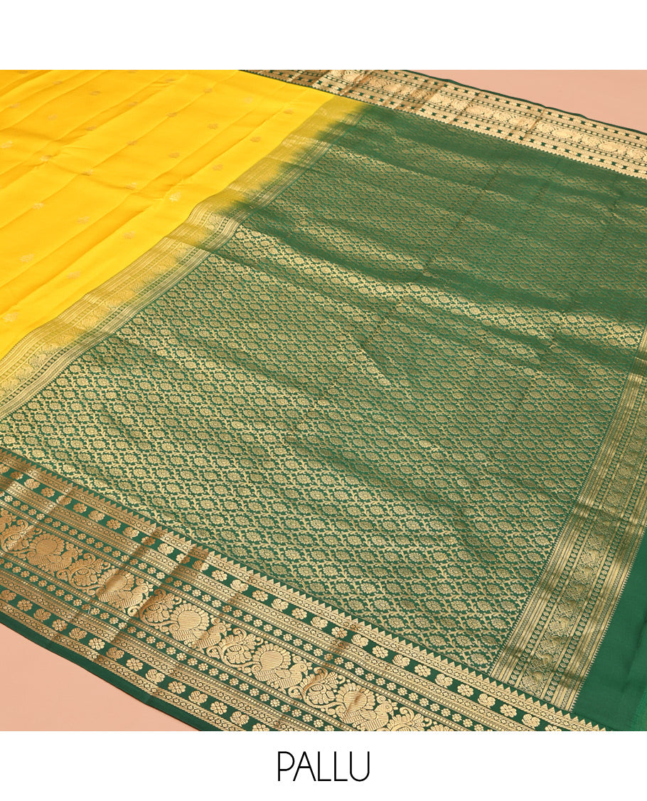 Yellow Vasundhara Silk Saree, Sparsely Woven with Zari Buttas, Contrast Border of Rekku, Kamalam, and Mayil Designs, Grand Pallu, and a Contrast Blouse