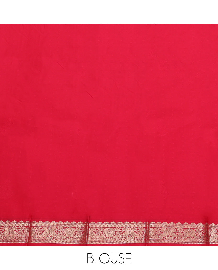 Orange Budget Silk Saree, Steeped with Zari Buttas, Complemented by a Contrast Traditional Zari Border, Geometric Pallu, and a Contrast Blouse
