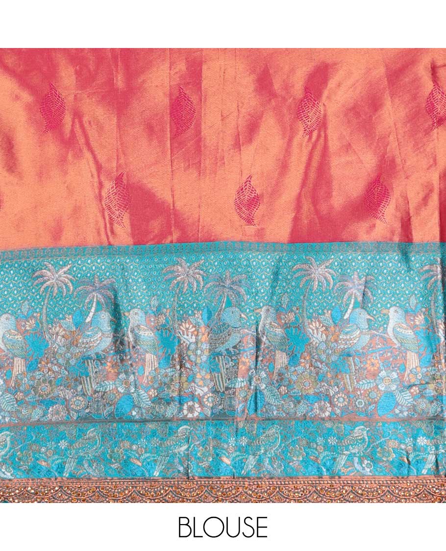 Red tissue half saree with contrast forest theme border, forest theme design blouse & floral embroidery, scallop border dhavani