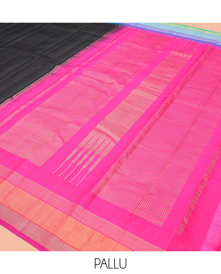 Black Plain Bangalore Silk Saree, Complemented by a Contrast Temple Ganga-Jamuna Border, Zari Striped Pallu, and Contrast Blouse