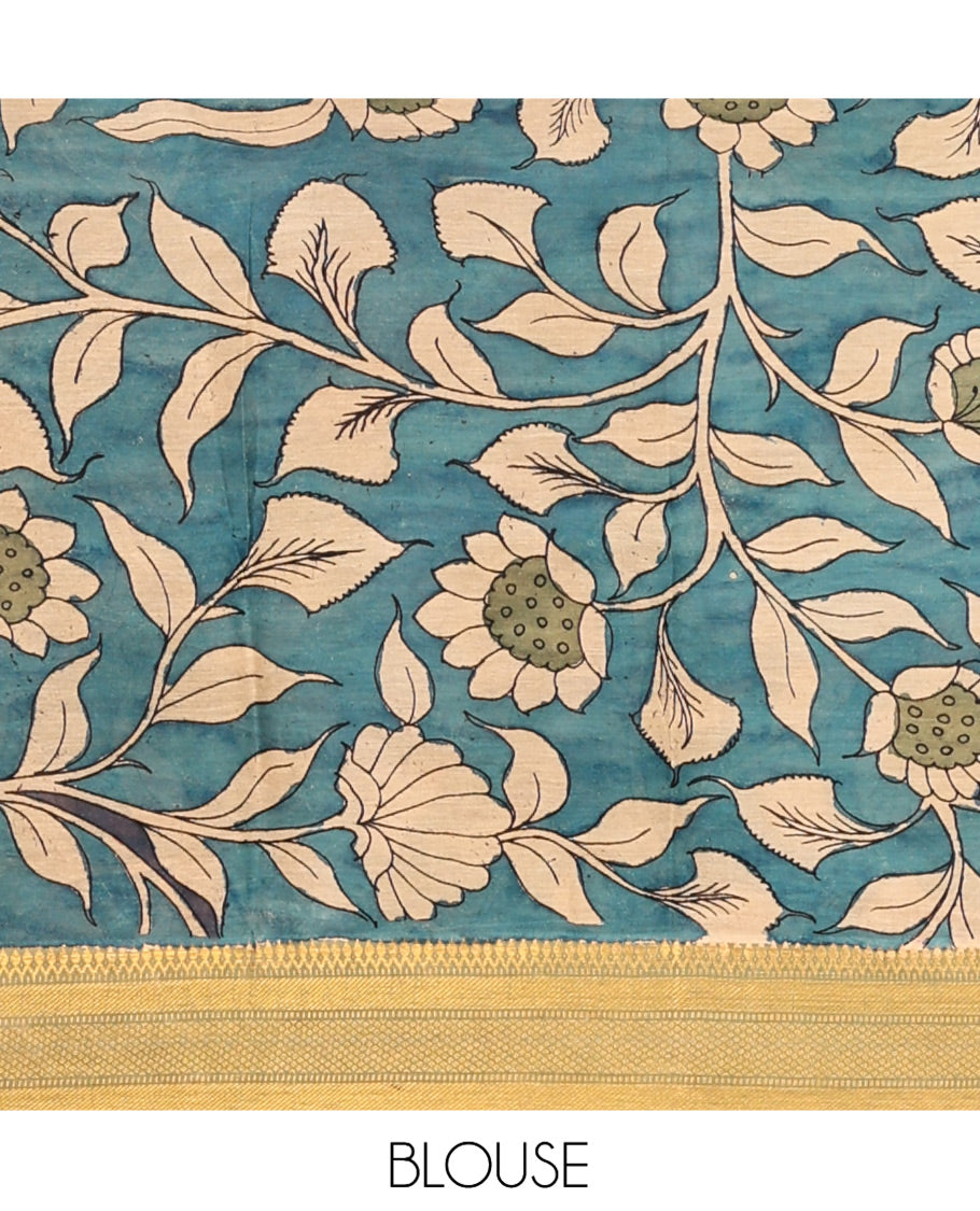 Black Kalamkari Silk Saree, Impeccably Styled with Animal and Human Figurines, a Contrast Traditional Zari Border, Pallu of Kalamkari Design, and a Contrast Blouse