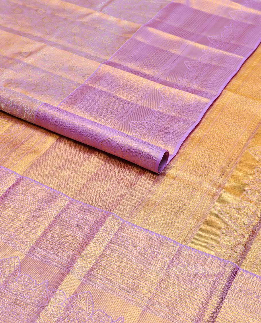 Lavender floral jacquard kancheepuram tissue silk saree with contrast korvai border of traditional zari design & floral design pallu