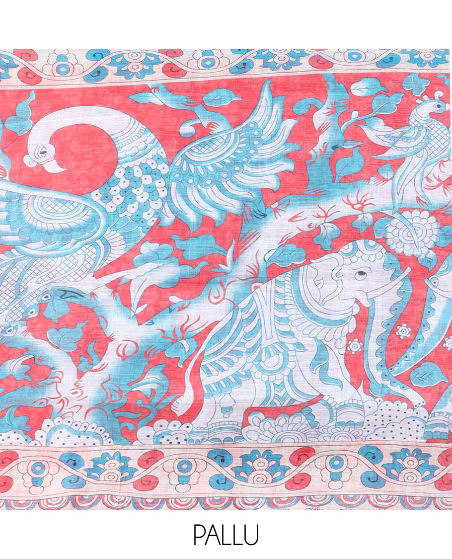 Blue Linen Cotton Saree Features Kalamkari-Style Human Motifs Print, a Piping Border, Contrast Printed Pallu, and Contrast Blouse