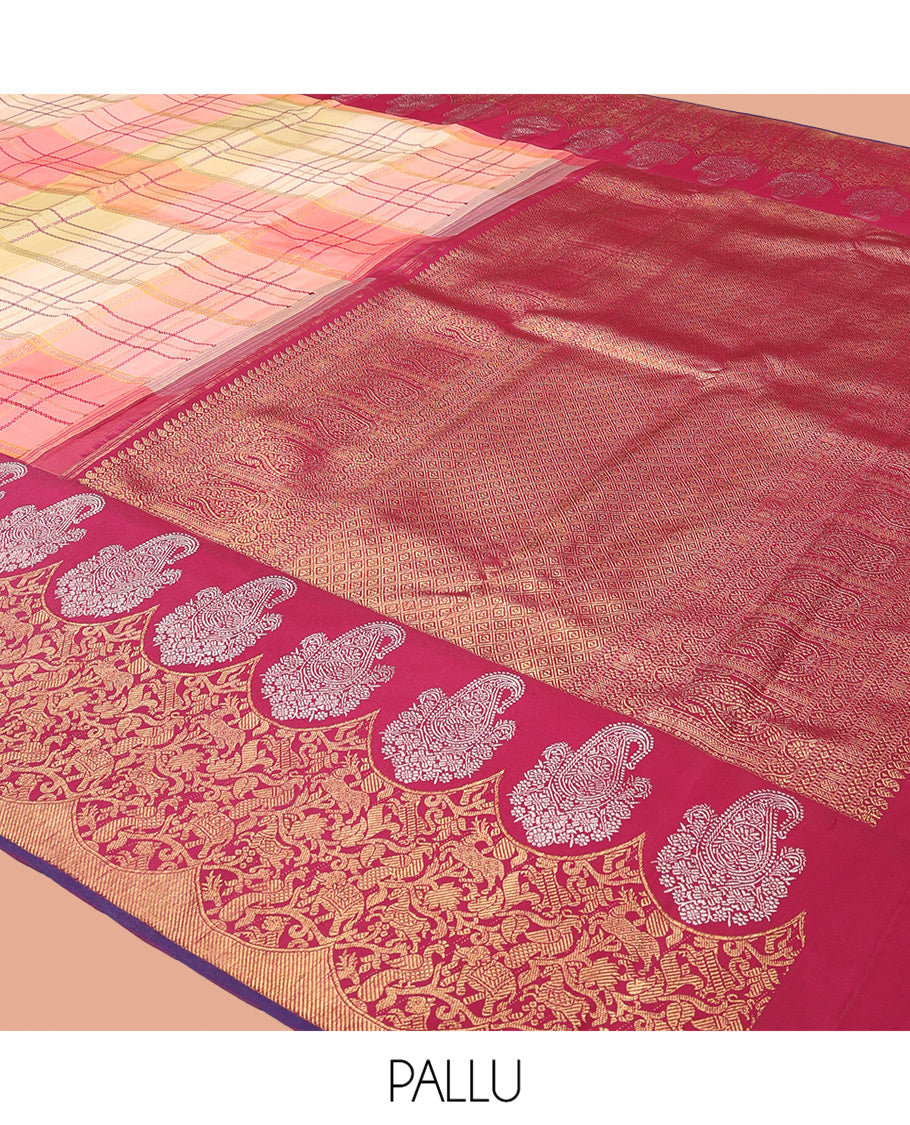 Multi-Color Kanchipuram Designer Silk Saree, Majestically Detailed with Rangkat Zari Checks, Contrast Vanasingaram Border, Jaal Pallu, and a Contrast Blouse