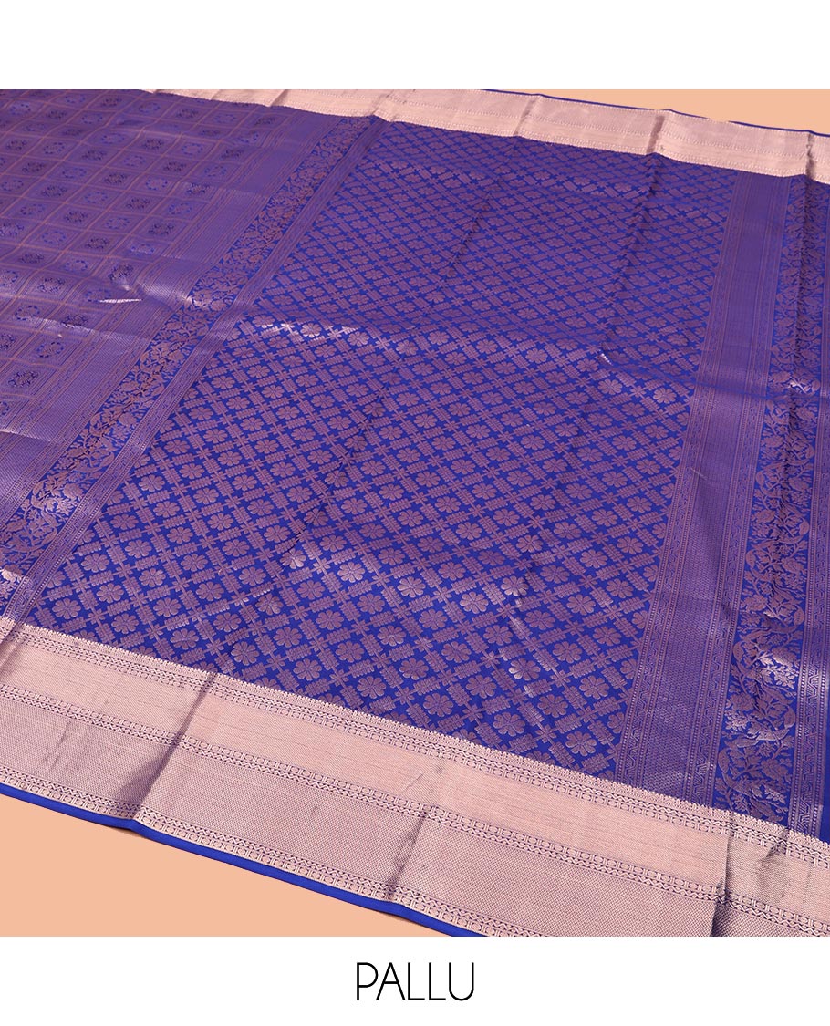 Blue Kanchipuram Wedding Silk Saree, Meticulously Crafted with Jacquard Designs on Its Body, Highlighted by a Zari Border of Muthu, Neli, Rudraksham, and Vanki Designs, Opulently Embellished Pallu, and Paired with a Matching Blouse