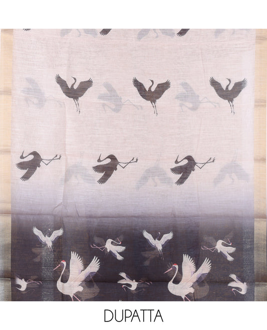 Black Semi-Linen Material Churidar, Adorned with Heron Motifs Top, a Plain Santoon Bottom, a Contrast Heron Dupatta