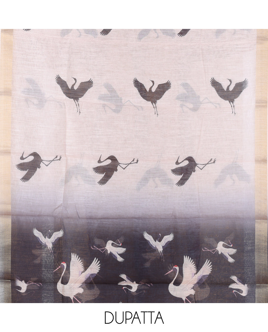 Black Semi-Linen Material Churidar, Adorned with Heron Motifs Top, a Plain Santoon Bottom, a Contrast Heron Dupatta