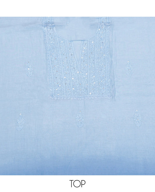 Baby Blue Cotton Material Churidar Set, Finely Crafted with Sequined Thread Neck Work Top, a Contrast Plain Bottom, and Thread Dupatta