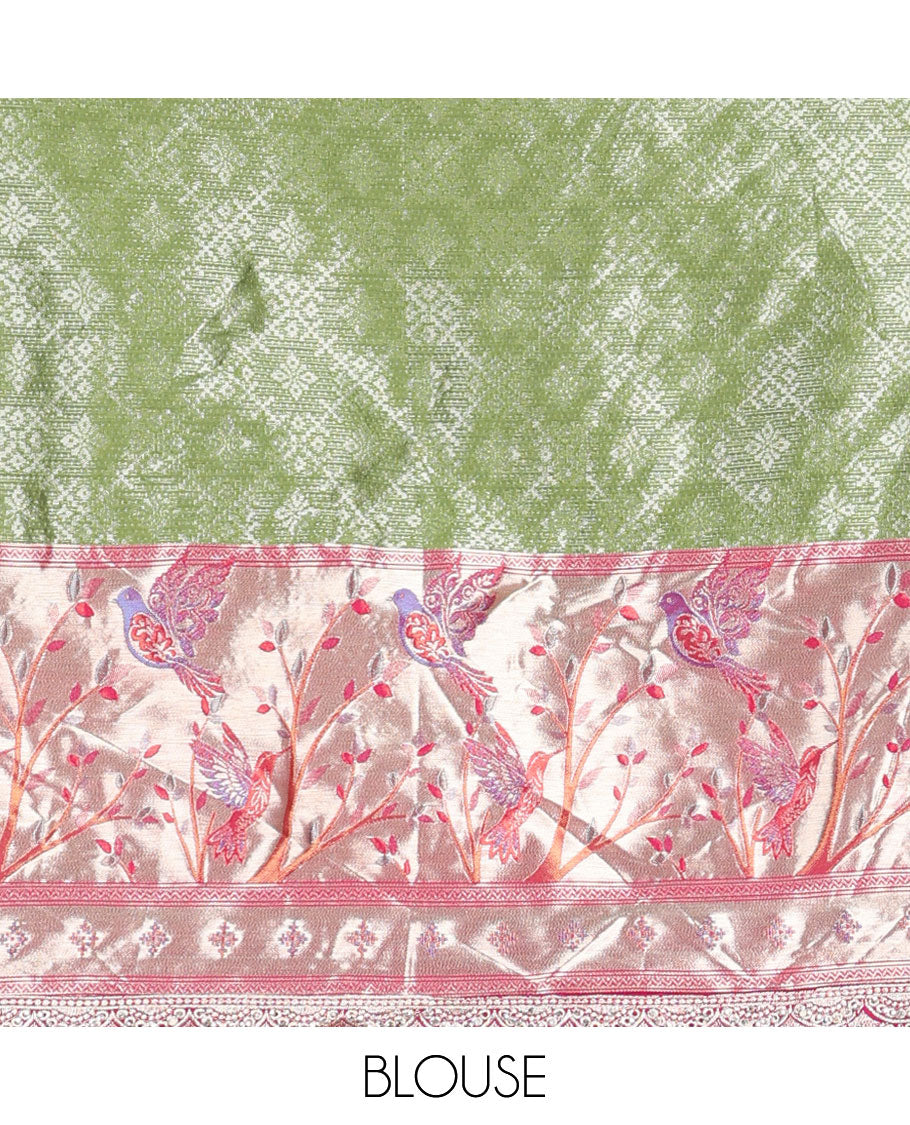 Green geometric design hald saree with contrast floral, bird design border, zari design blouse & floral embroidery scallop border dhavani