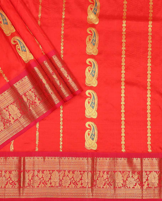Red striped floral designsilk half saree with contrast border of banaras, muthu, paun design, zari design blouse & floral design dhavani