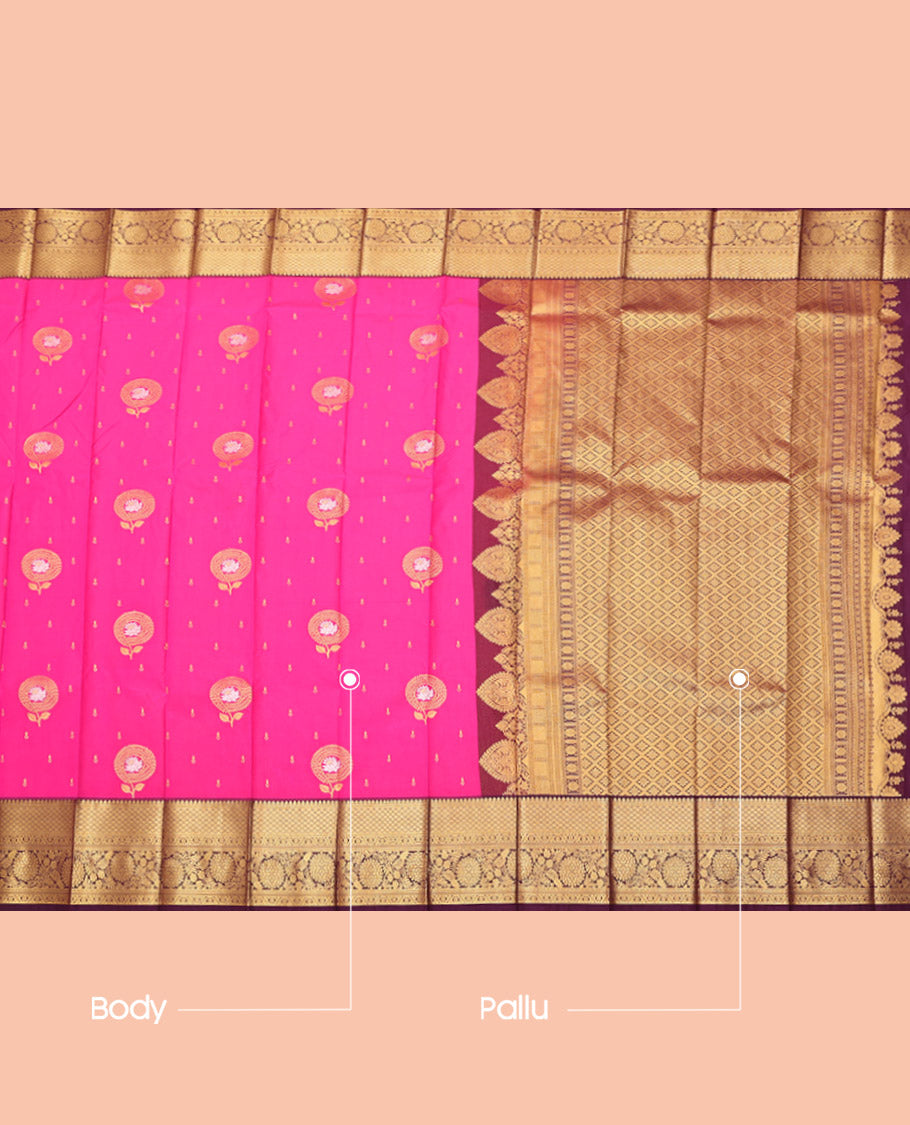 Rani Pink Budget Silk Saree, Decked Up with Zari Buttas, Complemented by a Contrast Traditional Zari Border, Jaal Pallu, and a Contrast Blouse