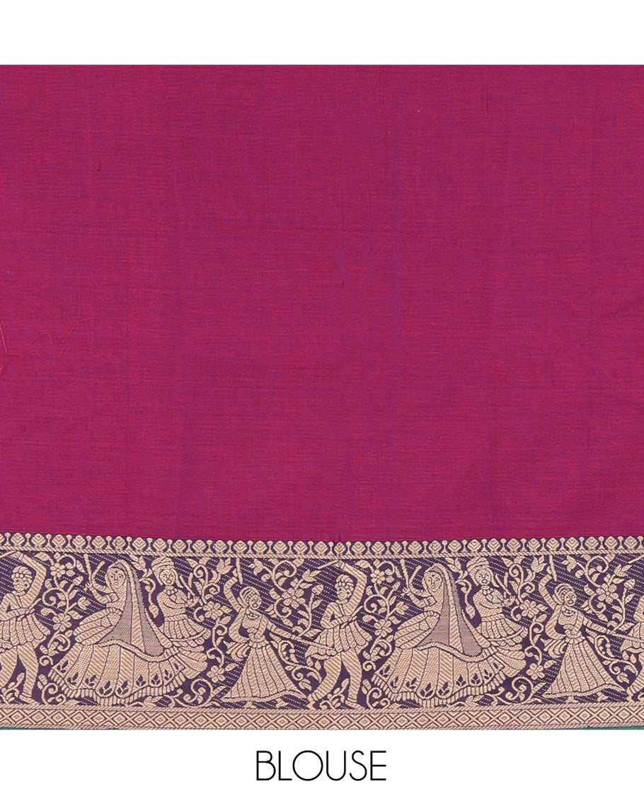 Dark Purple Mercerised Cotton Half-Saree Features a Plain Skirt, a Bridegroom Motif Border, a Matching Blouse, a Contrast Dhavani