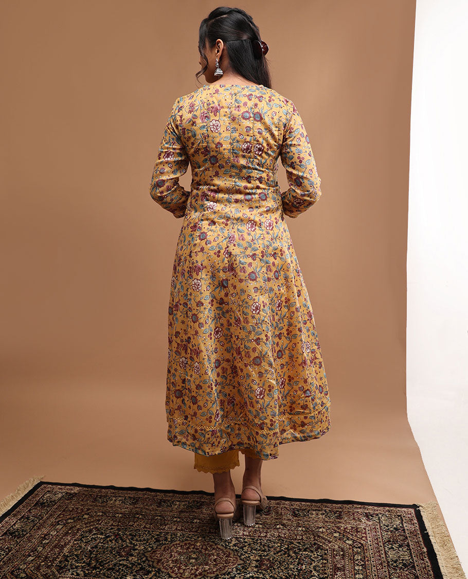 Mustard floral design v neck, 3/4 th sleeve, below knee lenght top with straight pants & floral printed dupatta
