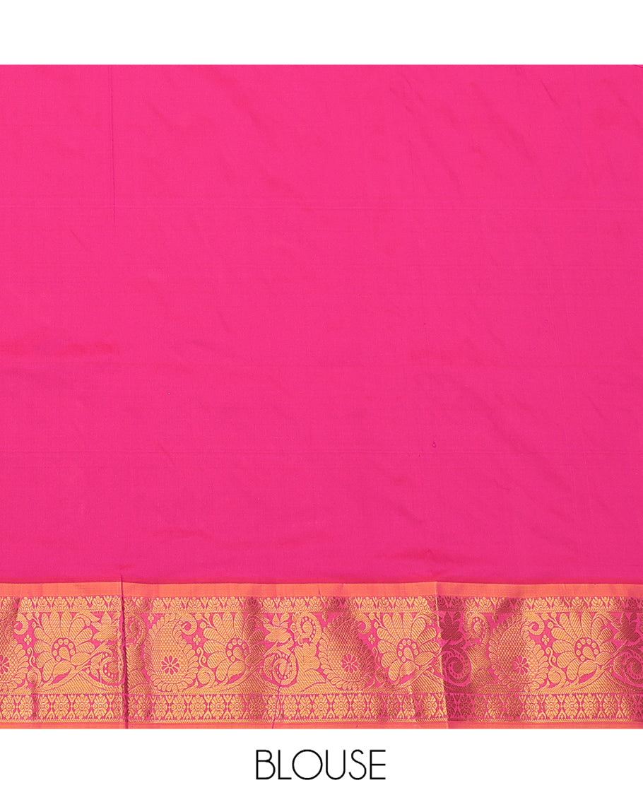 Pink Art Silk Pavadai Material Set, Enriched with Zari Designs on Its Skirt, Complemented by a Contrast Traditional Zari Border, and a Matching Blouse