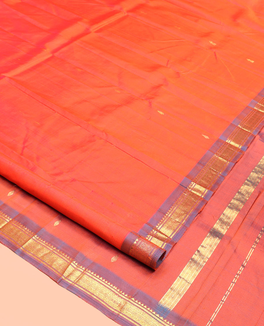 Orange Kanchipuram Silk Saree, Prettified with Zari Buttas, Contrast Border of Rekku, Banaras, and Jaal, Zari Design Pallu, and No Blouse