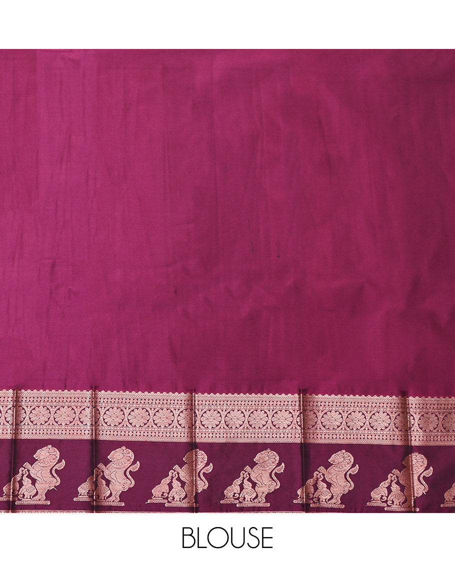 Blue Budget Silk Saree, Accentuated with Zari Buttas, Complemented by a Contrast Traditional Zari Border of Singam Designs, Grand Pallu, and a Contrast Blouse
