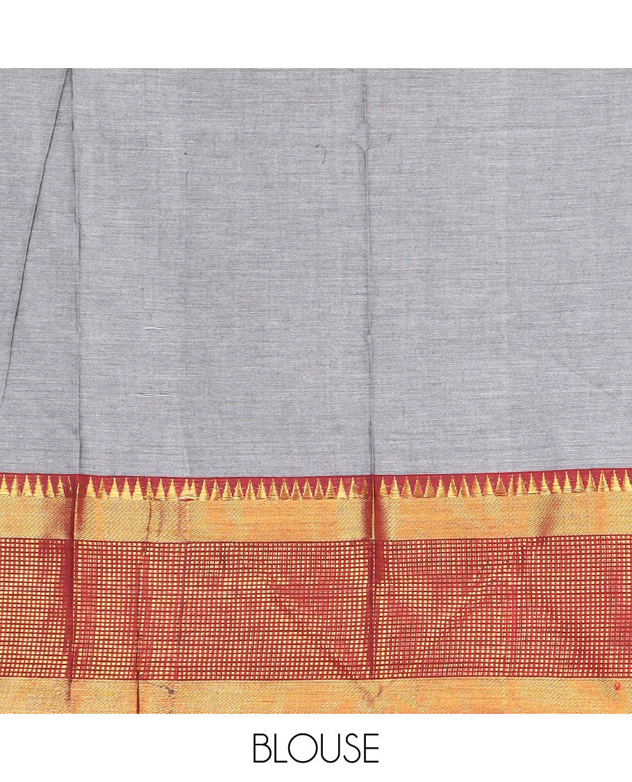 Grey cotton half saree with contrast checked, temple border, zari design blouse & temple border dhavani