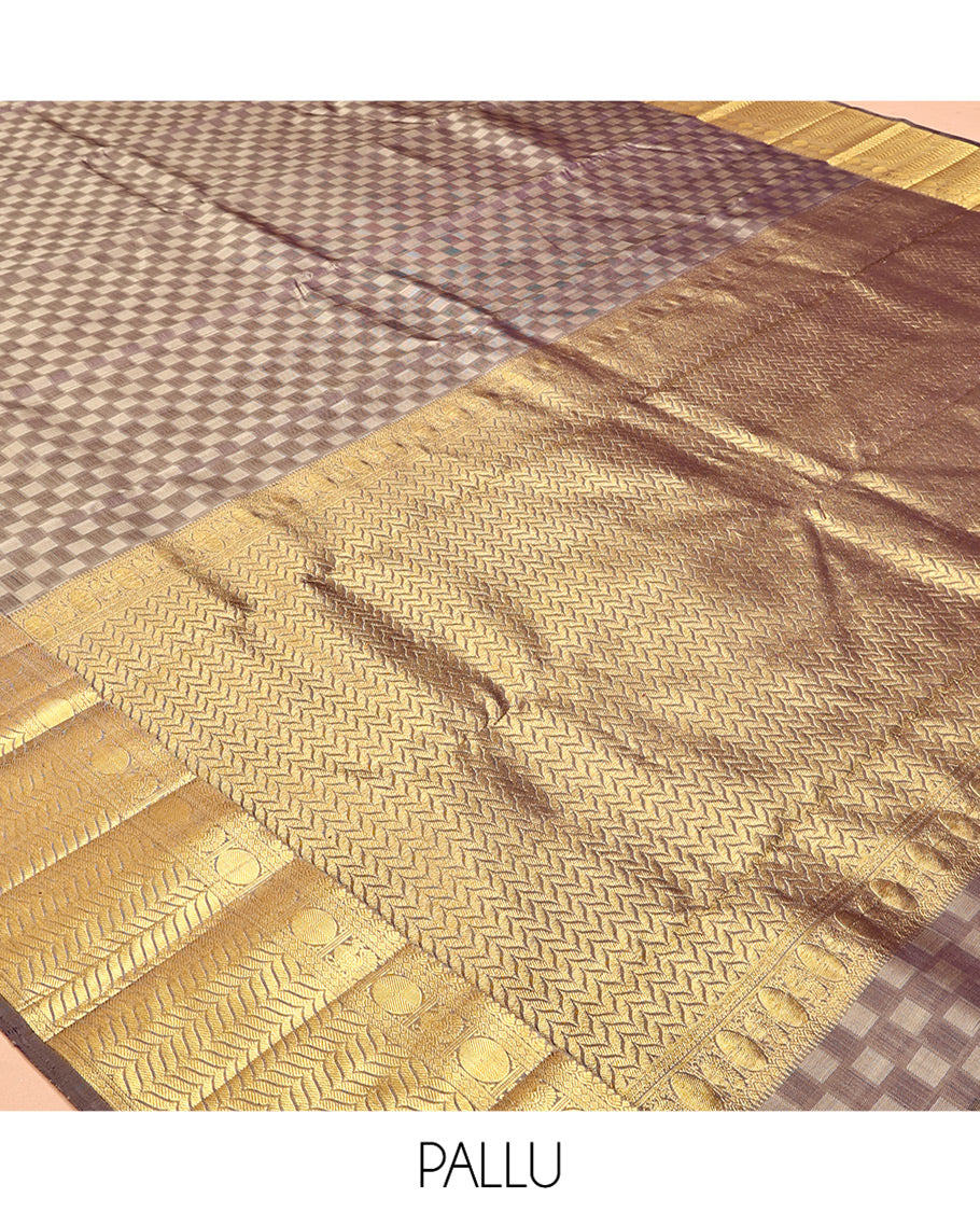 Brown Embossed Parambara Silk Saree, a Zari Border of Banaras, Diamond, Mayil, Poun, and Vanki Designs, Vanki Pallu, and Matching Blouse