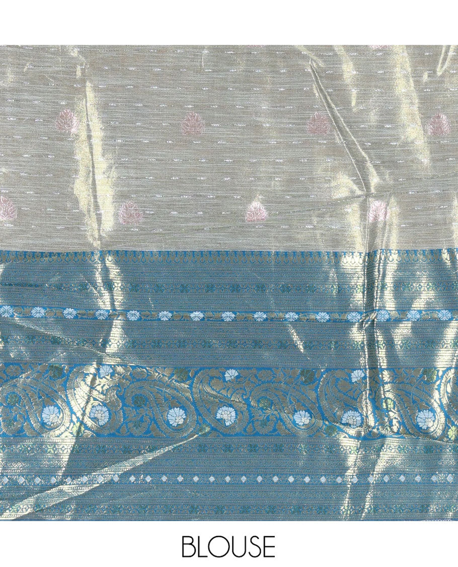 Grey-Peacock Blue Banarasi Half-Saree Features Buttas Skirt, Contrast Traditional Border, Matching Blouse, and Burberry Stonework Dhavani