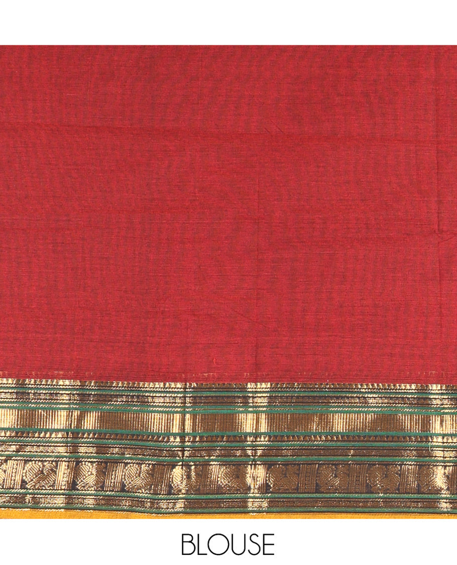 Red-Yellow Chettinad Cotton Half-Saree, Contrast Traditional Annam Bordered Skirt, Matching Blouse, and a Contrast Dhavani