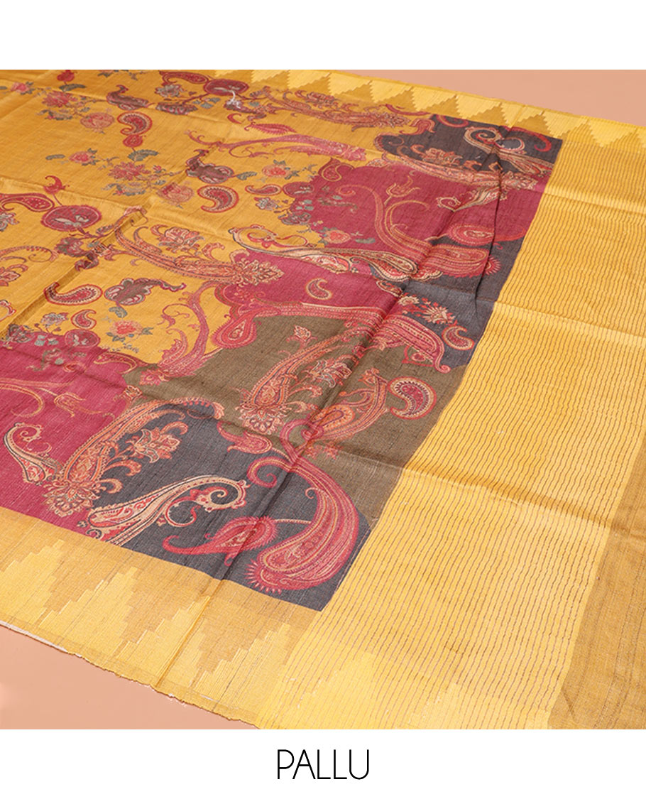 Yellow Tussar Silk Saree, Meticulously Crafted with Paisley Print, Complemented by Contrast Temple Border, Striped Pallu, and a Matching Blouse
