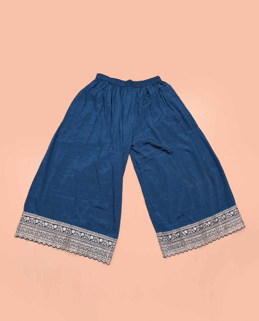 Blue Chudidar Set Mesmerized with Floral Jaal Jacquard Design Viscose Chinon Unstitched Top, Readymade Free Size Sharara Pants, and a Chinon Embroidered Scallop-Bordered Dupatta