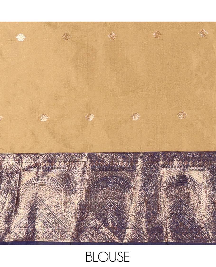 Liril Green and Blue Semi-Banarasi Half-Saree, Delicately Woven with Zari Buttas on Its Skirt, Complemented by a Contrast Geometric Patterns Zari Woven Border, Paired with a Matching Blouse, and a Contrast Satin Georgette Embroidered Scallop Dhavani