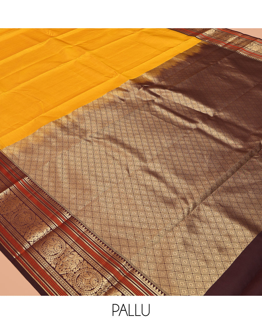 Yellow Plain Vasundhara Lite-Silk Mix Saree, Complemented by a Contrast Border of Muthu, Kathir, and Chakram Designs, Jaal Pallu, and a Contrast Blouse