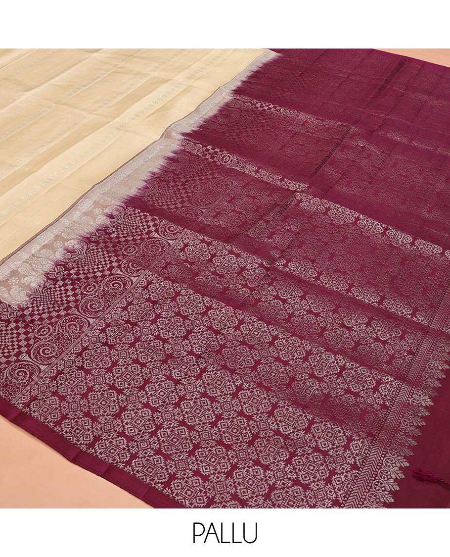 Cream Mayuri Soft Silk Saree, Subtly Sparkled With Buttas All Over Its Body, Complemented by Contrast Border of Zari Buttas, Intricately Designed Pallu and Paired with a Contrast Blouse