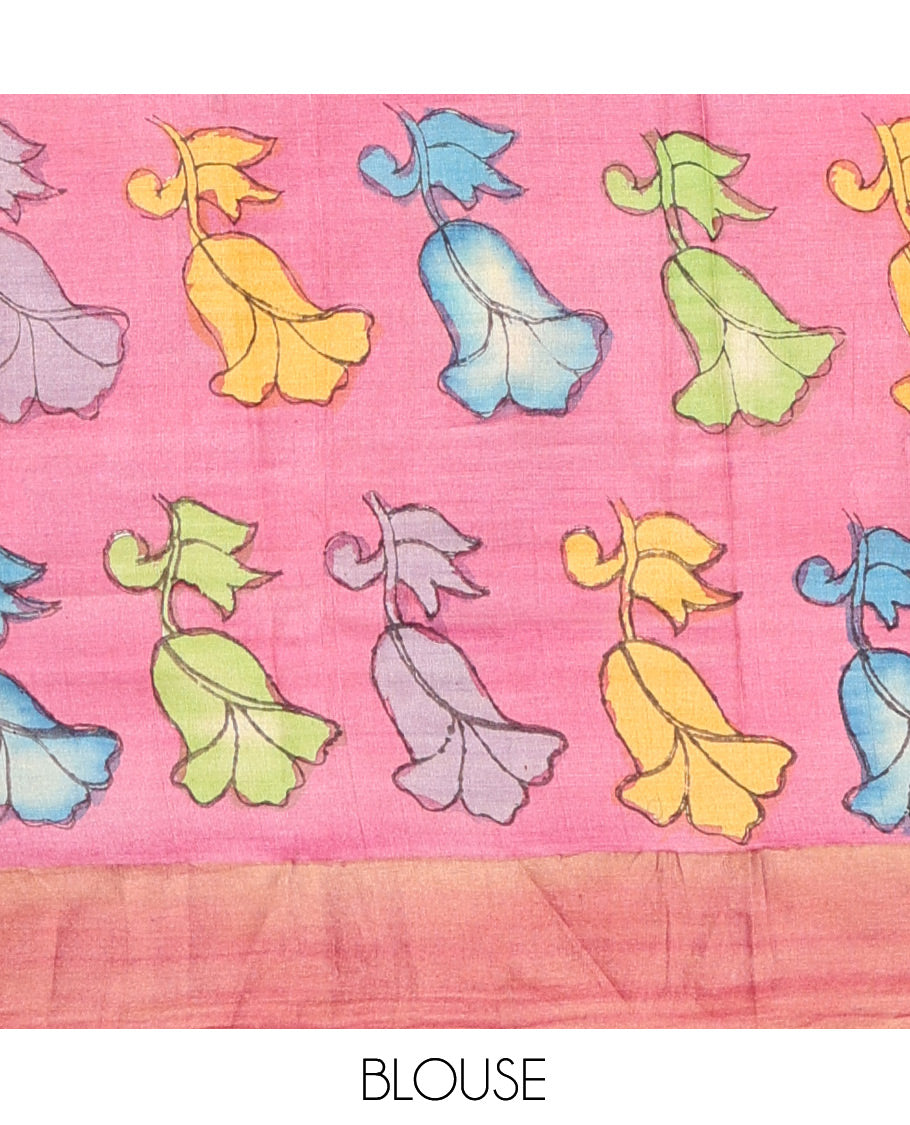 Sandal Floral Vine Pen Kalamkari Silk Saree, a Contrast Border, God Figurines Pallu, Contrast Blouse