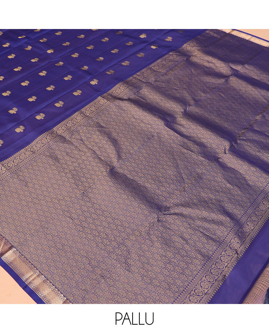 Blue Vasundhara Silk Saree, Subtly Woven with Zari Buttas, a Zari Border, Grand Jaal Pallu, and a Matching Blouse