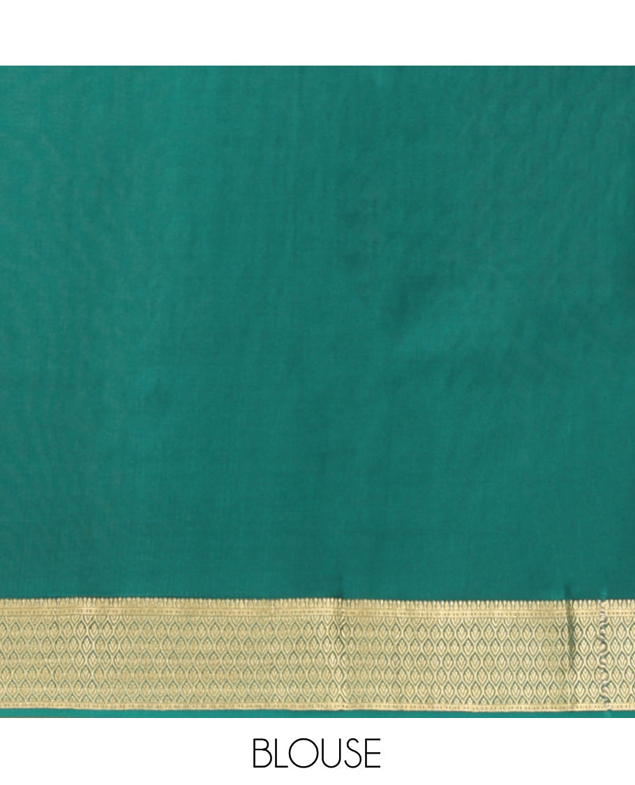 Green Mysore Silk Saree, Detailed with Traditional Chakra-Stripe Design, Complemented by a Traditional Zari Woven Border, Intricate Pallu, and a Matching Blouse
