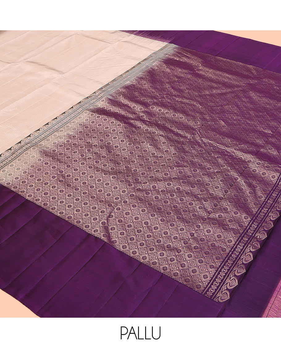 Off-White Kanchipuram Silk Saree, Sparsely Woven with Stripes, Complemented by a Contrast Border Features Yaanai, Maan, and Iruthalai Pakshi, Jaal Pallu, and a Contrast Blouse