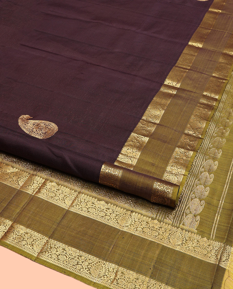 Brown Kanchipuram Silk Saree, Elegantly Adorned with Arumbu Manga Buttas All Over Its Body, Complemented by a Contrast Rettai Pettu Traditional Zari Design Border, Pallu of Rich Jaal Designs, and Paired with a Contrast Blouse