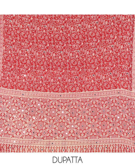 Red Material Chudidar Set, Subtly Woven with Pom-Pom Potli Neck Vichitra Silk Top, a Plain Santoon Bottom, Paired with Crushed Georgette Dupatta of Ajrakh Print and Mirror Work