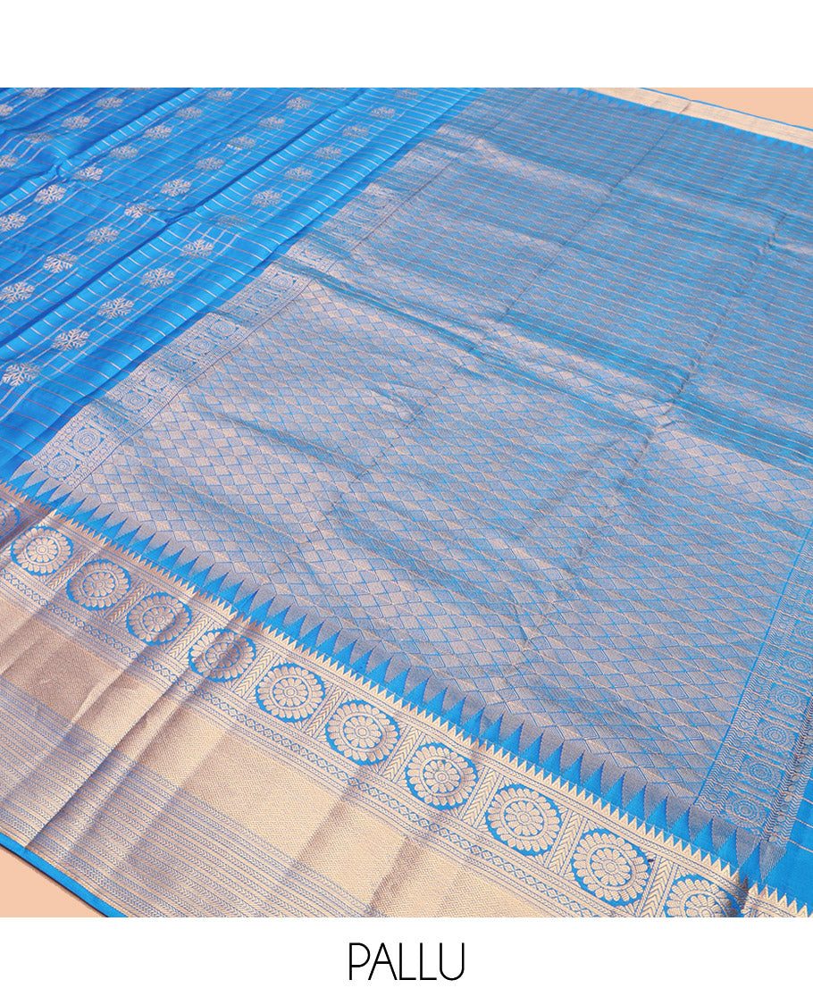 Blue Vasundhara Lite-Silk Mix Saree, Artfully Woven with Snowflake Buttas Enclosed Checks, Highlighted by Zari Border of Rekku, Chakram, Kathir, and Diamond Designs, Gleaming Jaal Pallu, and Paired with a Matching Blouse