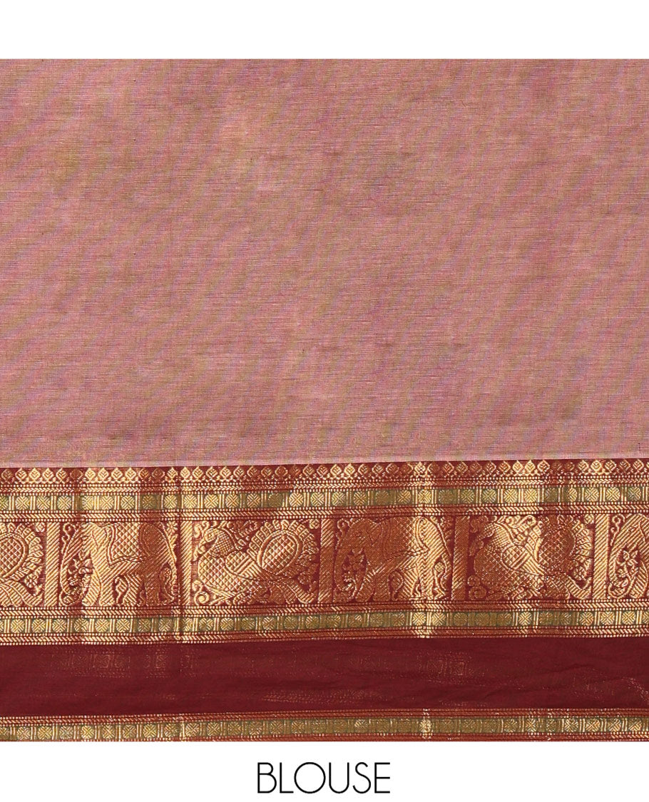 Onion and Maroon Chettinad Cotton Half-Saree Featuring Plain Skirt, Complemented by Contrast Rettai Pettu Traditional Border of Peacock and Elephant Designs, Paired with a Matching Blouse, and a Satin Georgette Zari Bordered Dhavani