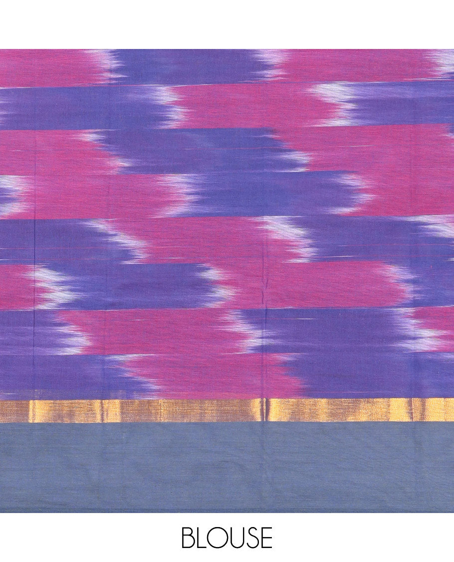 Pink-Blue Ikat Textured Chirala Cotton Saree, a Contrast Border, Striped Pallu, and a Matching Blouse