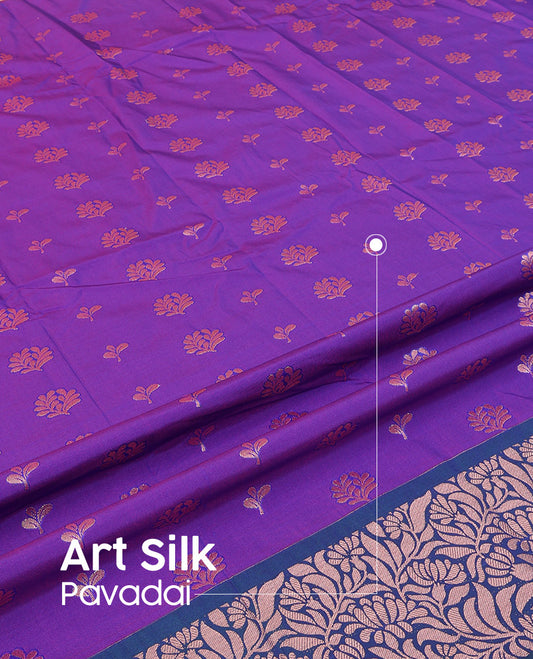 Violet Art Silk Pavadai Material Set Enriched with Floral Zari Buttas All Over the Skirt, Complemented by a Contrast Floral Jaal Zari Border, and Paired with a Contrast Blouse