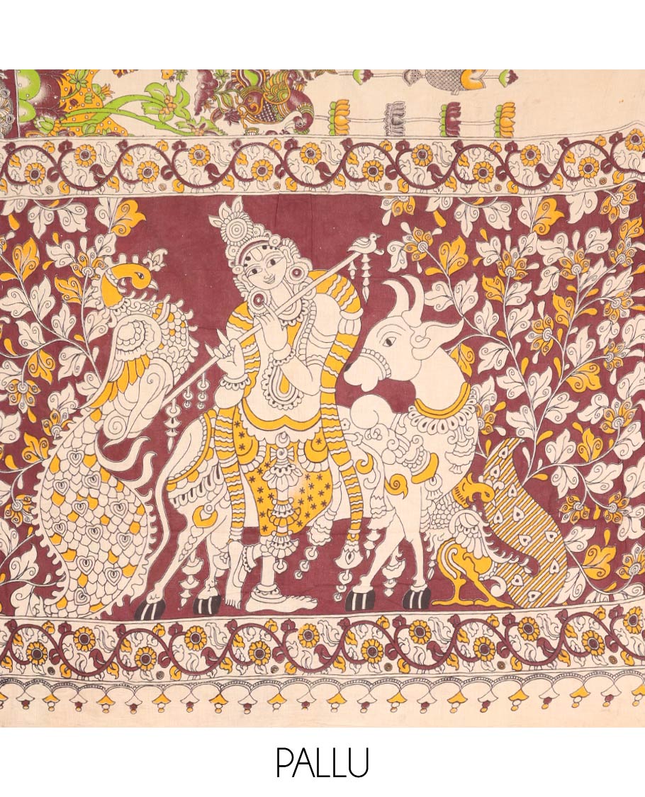 Sandal Machine-Printed Kalamkari Cotton Saree Features Flora-Fauna Motifs, a Contrast Peacock Border, Kalamkari Printed Pallu, and a Matching Blouse
