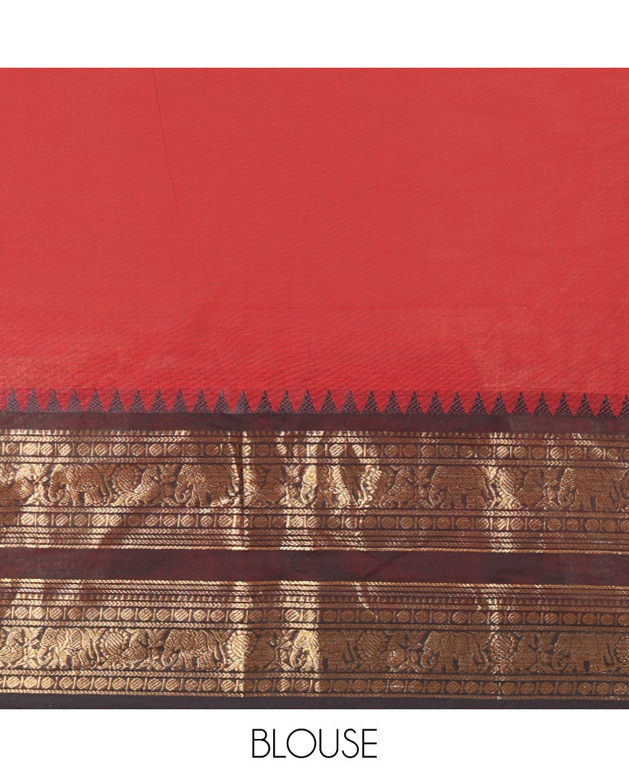 Maroon-Black Chettinad Cotton Half-Saree Featuring a Plain Skirt, Highlighted with a Contrast Peacock-Elephant Motifs Woven Rettai Pettu Zari Border, a Subtly Woven Matching Blouse, and a Vichitra Silk Contrast Traditional Zari-Bordered Dhavani