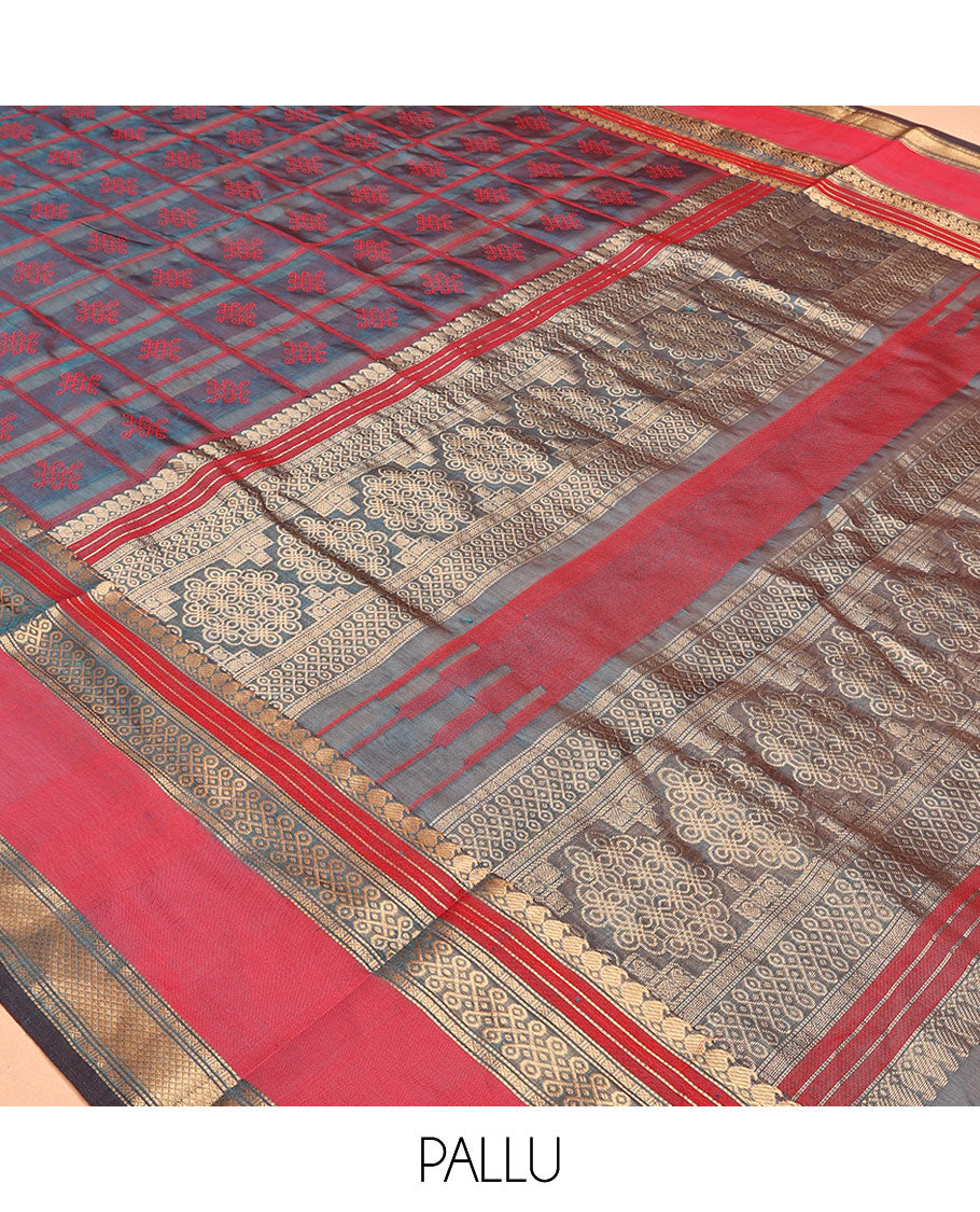 Blue Buttas Enclosed Checked Kuppadam Silk Saree, a Contrast Double-Pet Border, Grand Pallu, a Matching Blouse