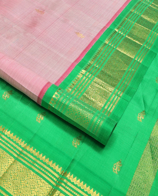 Pink buttas kancheepuram silk saree with contrast korvai border of thilakam mooku, banaras, muthu design & zari design pallu